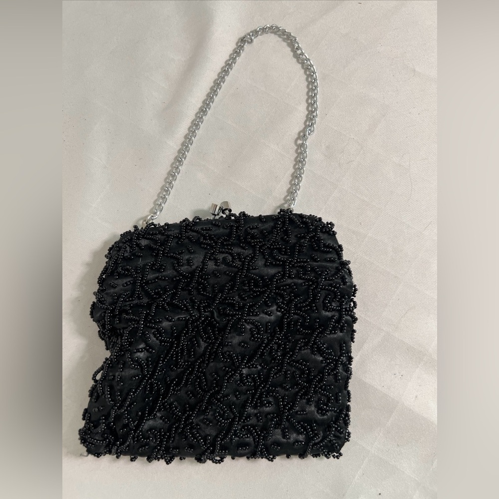 Purse Evening Bag Chain Hand Made in Hong Kong Black Beaded VTG‎ 6” X 5.5” EUC